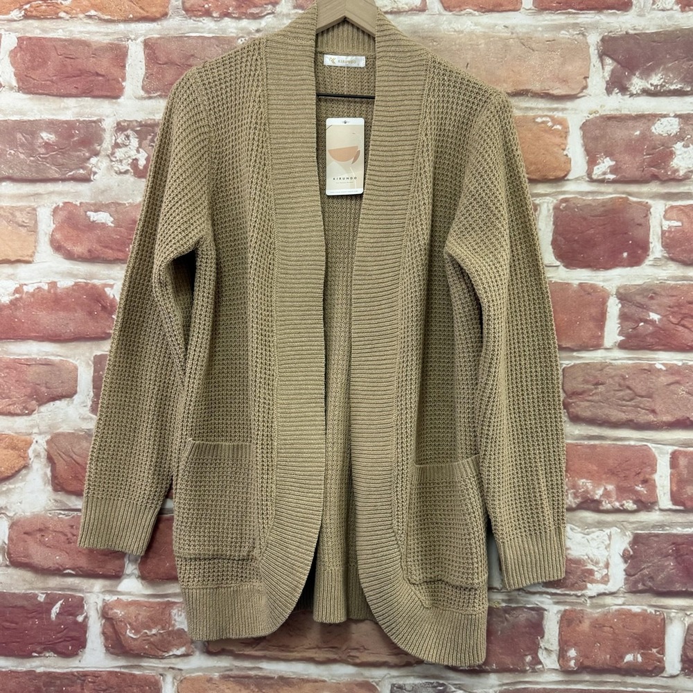 Kirundo Cardigan Sweater Women's Small Tan Pockets Casual Open Front Knit